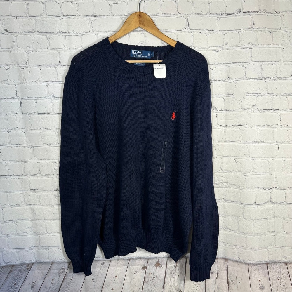 Polo Ralph Lauren Mens‎ XXL Navy Blue Cotton Crewneck Sweater Red Pony NWT